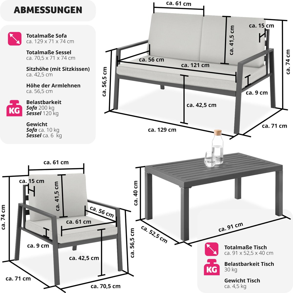 tectake Göteborg zitgroep met aluminium frame, voor 4 personen, tafel met lattenbodem