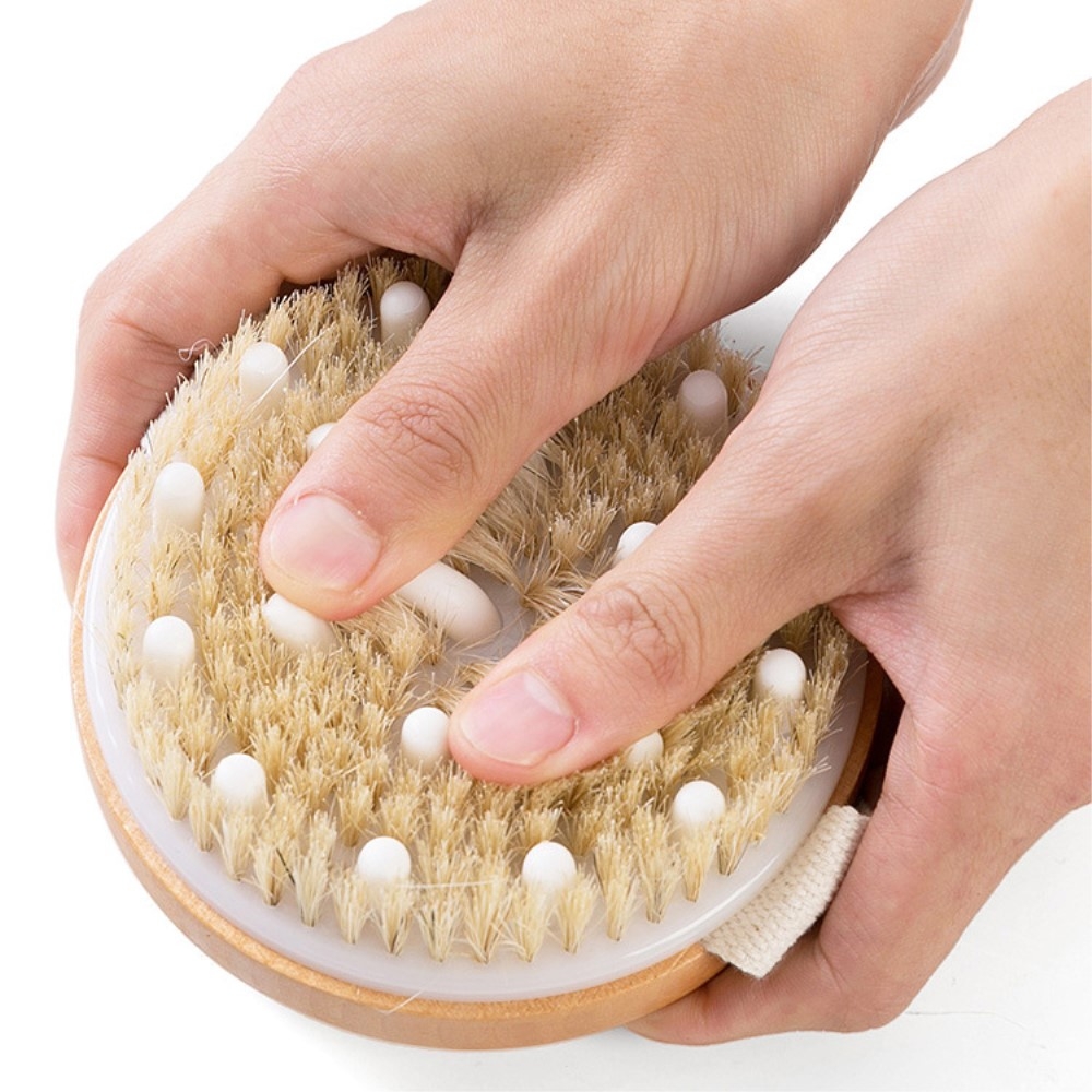 (Ø11.5cm) Holz Massagebürste Peeling Dusch Schwamm Wellness Reinigungsbürste mit Handschlaufe - Beige