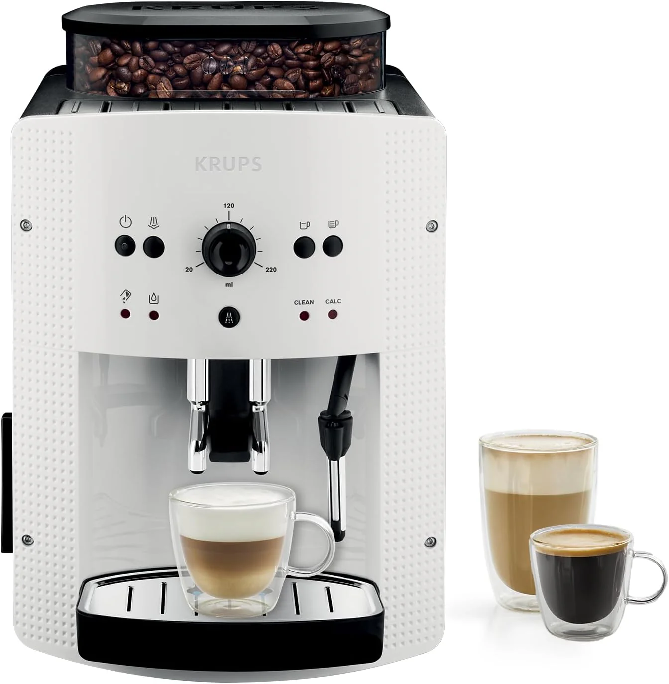 Krups Machine à café grain, 1,7 L, 2 tasses en simultané, Nettoyage automatique, Buse vapeur pour Cappuccino, Cafetière espresso, Essential noire YY8125FD, Noir