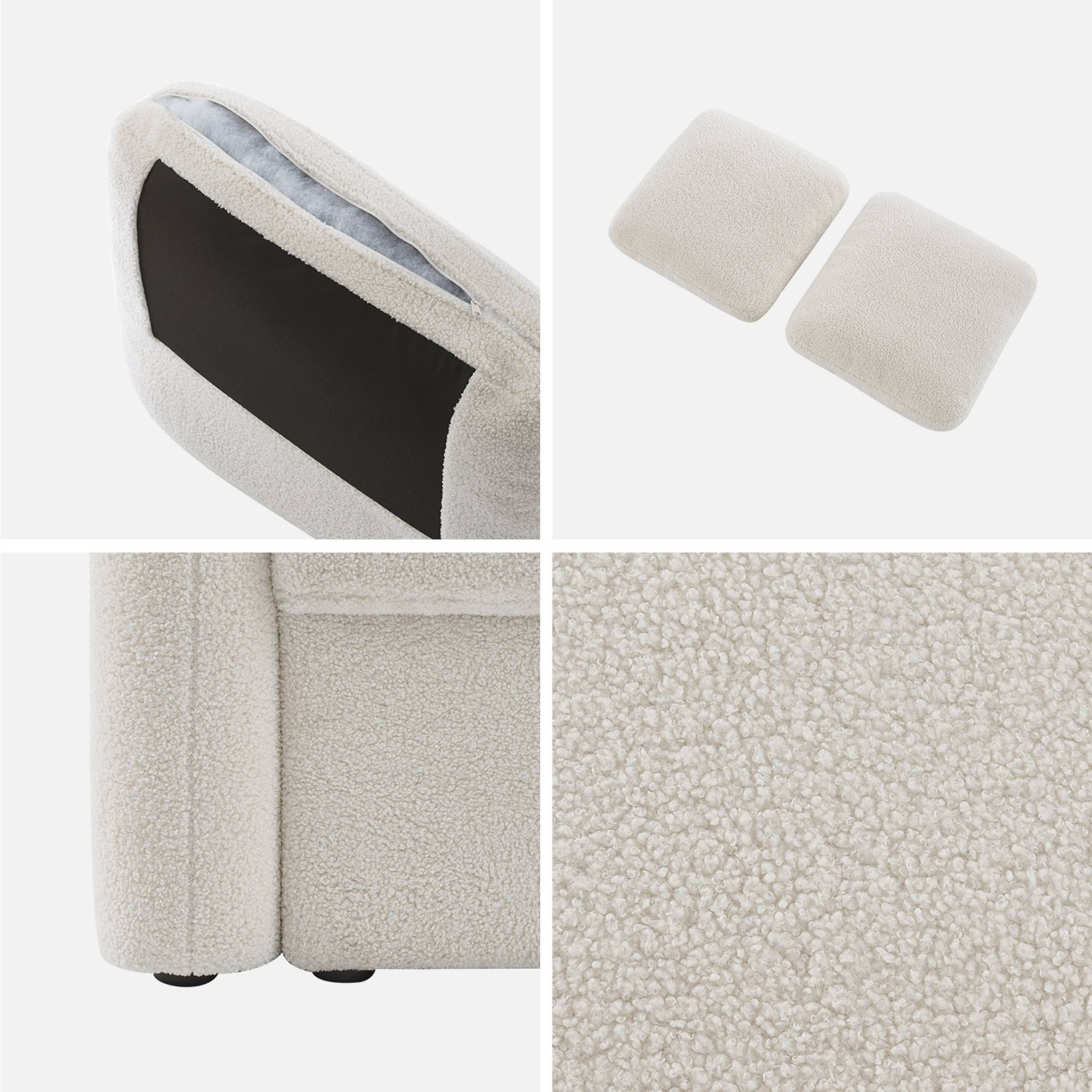 Canapé 3 places cosy rond. Tissu bouclettes blanches. Milano. L 210 x p 85 x h 85cm