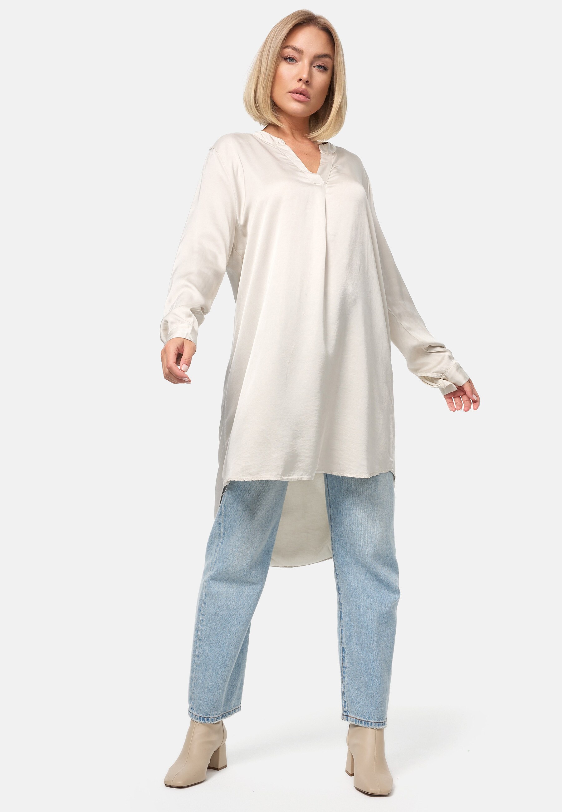 PM SELECTED Damen Elegante Satin Light Oversize Business Long Bluse in Einheitsgröße PM07
