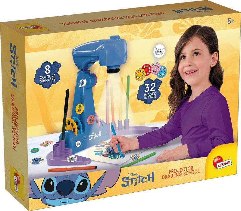 Lisciani - DISNEY STITCH - Projector Tekenschool - Creatieve Kit met Stiften en Stickers - LED Projector met 4 Schijven