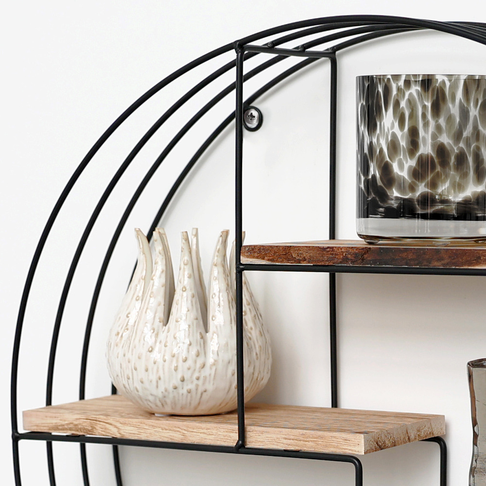 Etagère murale en métal noir - 3 planches en bois - ronde - 50x11 cm