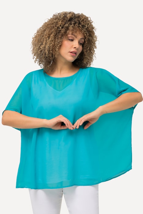 Chiffonbluse, Oversized, Rundhals, Halbarm