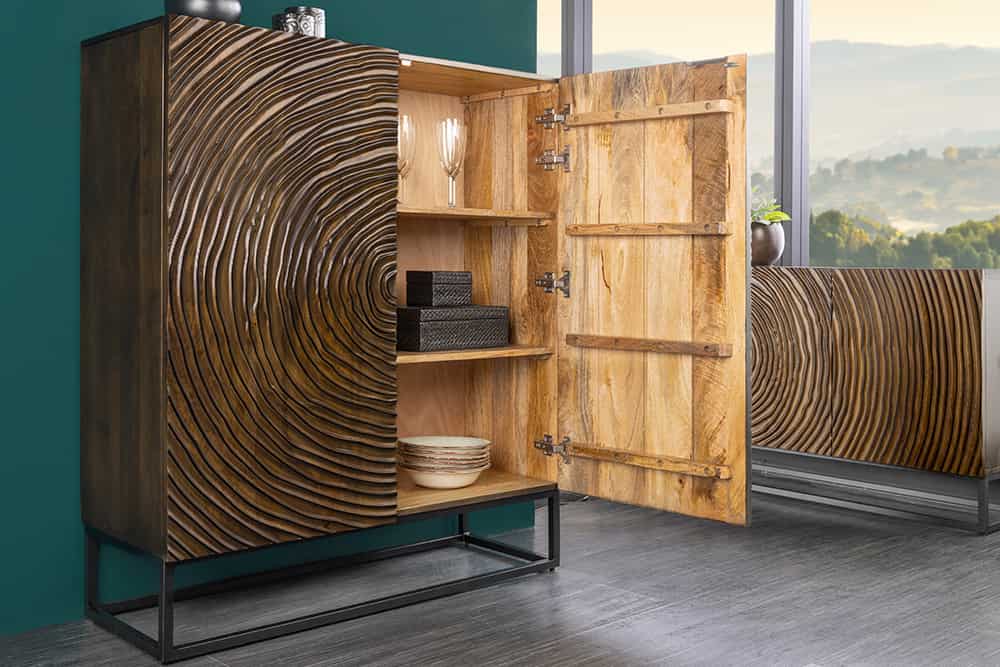 Massivholz Highboard ZEN CIRCLES 120cm dunkelbraun Mangoholz 3D-Design