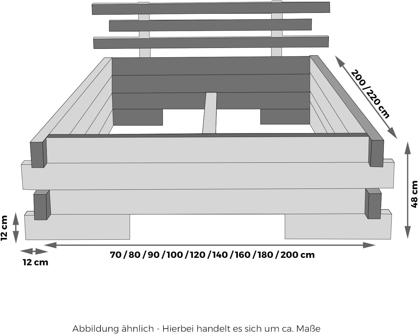 TUGA - Holztech Massives Balkenbett Doppelbett mit und ohne Überstand Daybett Boxspringbett (ohne seitlichen Überstand, 160 x 220)