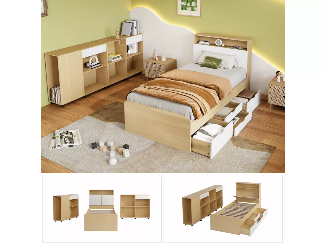 Ensemble lit enfant 90 x 200 cm avec 4 tiroirs et 2 armoires à roulettes - MDF + panneaux de particules - coloris blanc + chêne clair
