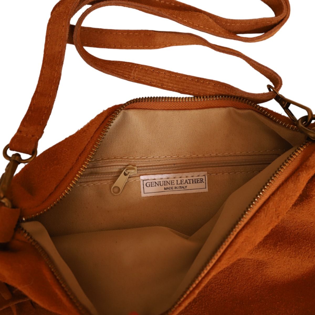 Sac à mains à franges daim camel Maison Suzanne