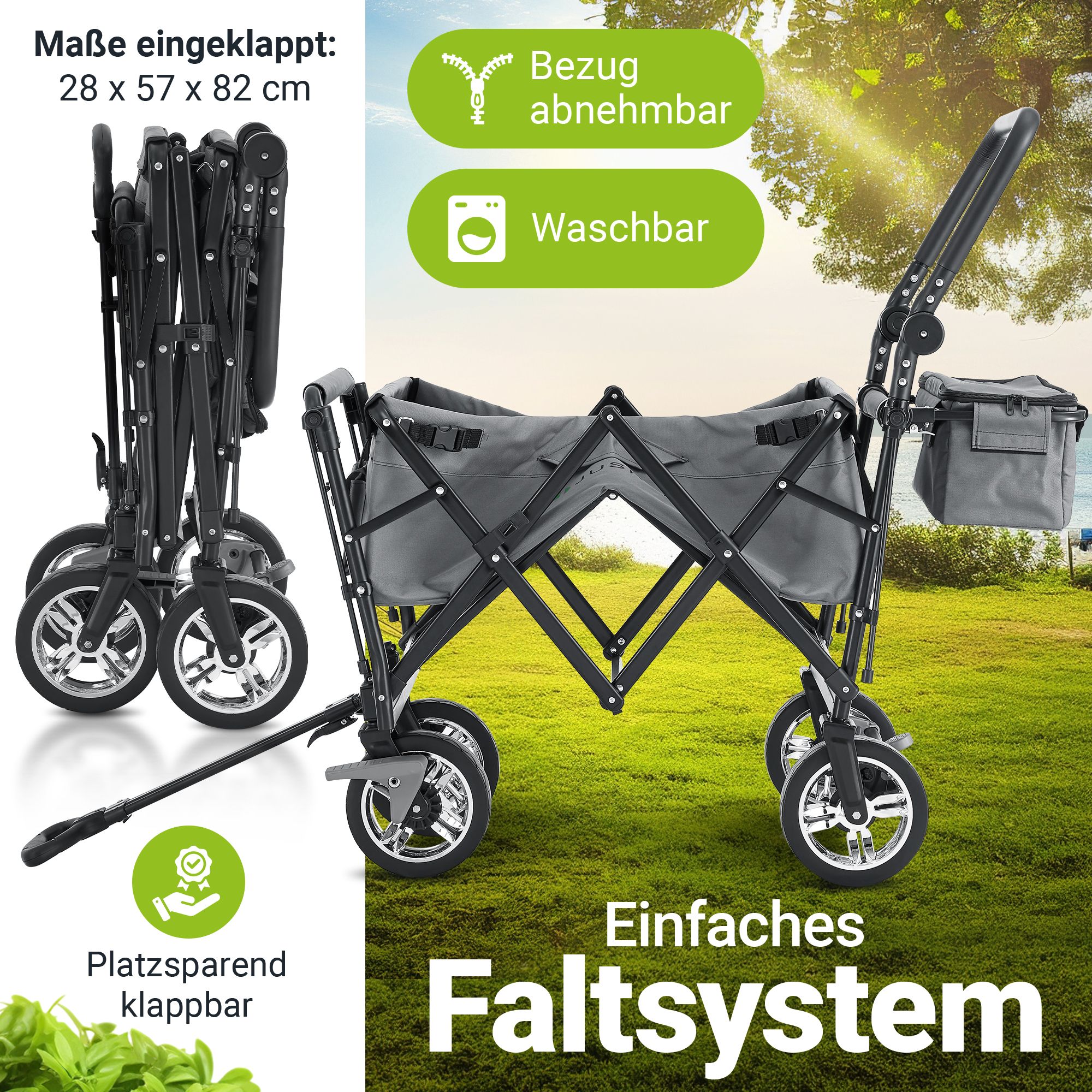 Juskys Bollerwagen mit Dach & Tasche - Wagen bis 120 kg belastbar - Handwagen faltbar - Dunkelgrau