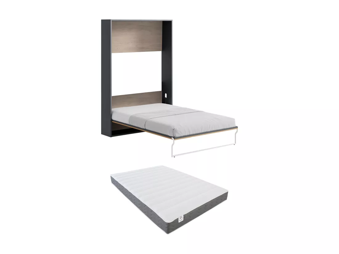 Lit escamotable 140 x 200 cm - Ouverture verticale manuelle - Coloris : Naturel et anthracite + Matelas - MALINA II