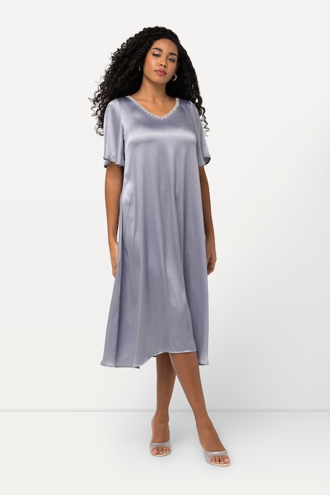 Kleid, Zierperlen, V-Ausschnitt, Halbarm