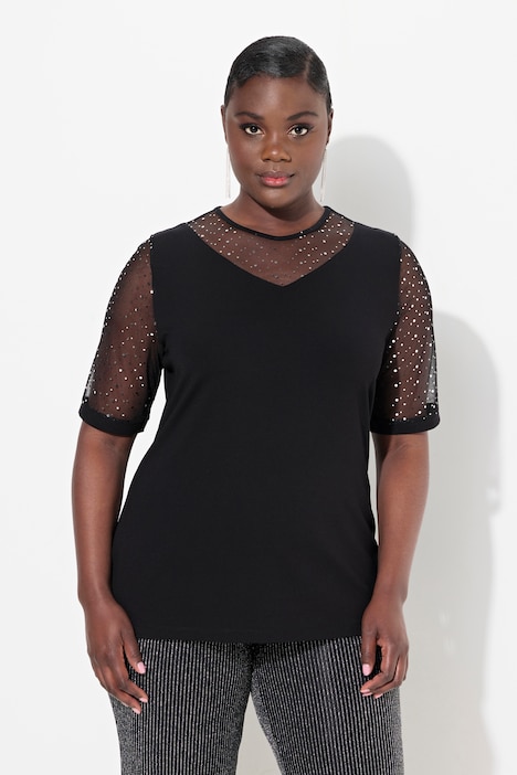 T-Shirt, Classic Fit, Mesh mit Pailletten, Jersey-Unterlage
