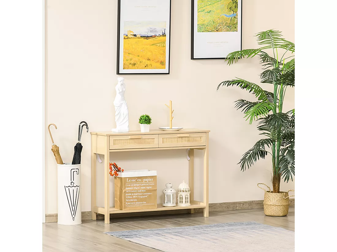 Console table d'appoint dim. 100L x 30l x 76H cm 2 tiroirs façades cannage en rotin étagère MDF aspect bois clair