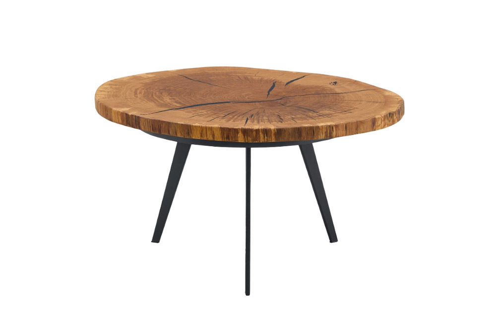 Runder Couchtisch ARBOR 75cm natur Eiche Massivholz schwarz Metall Beistelltisch