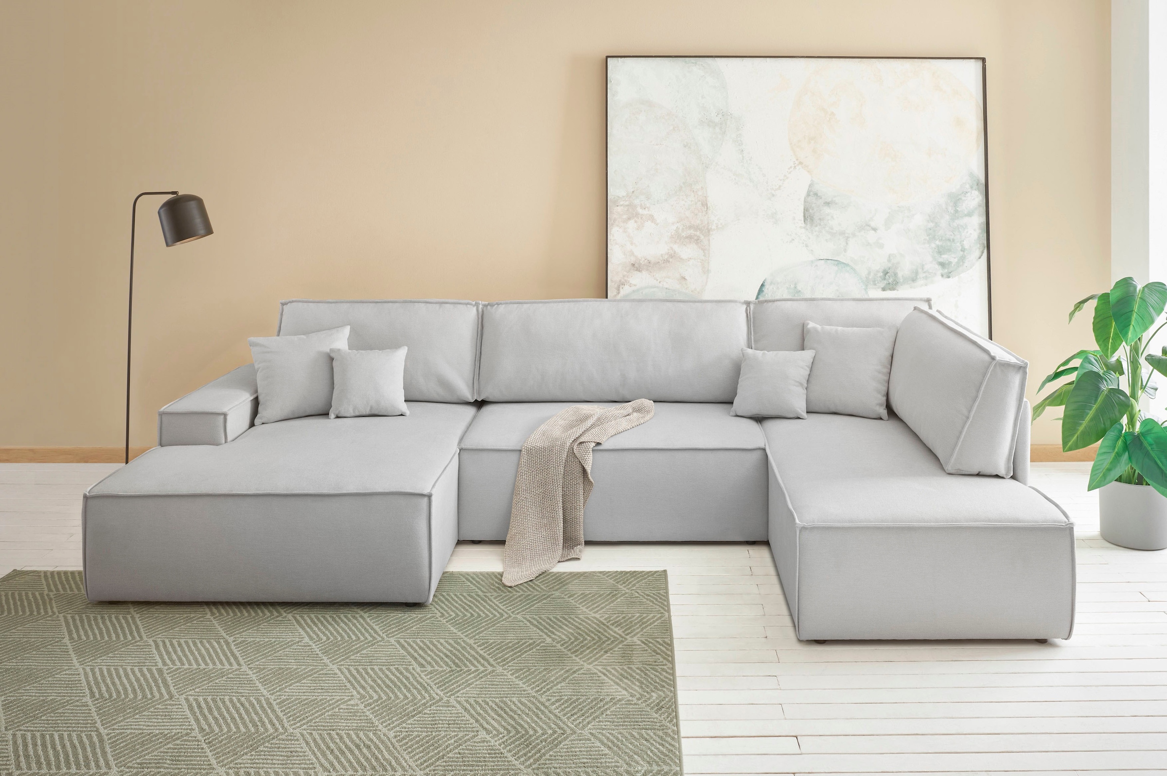 GOODproduct Wohnlandschaft »FINNLEY, U-Form XXL 329 cm, Schlafsofa, Schlaffunktion m. Bettkasten« verfügbar in den Stoffqualitäten Bouclé, Struktur fein und Mega Cord