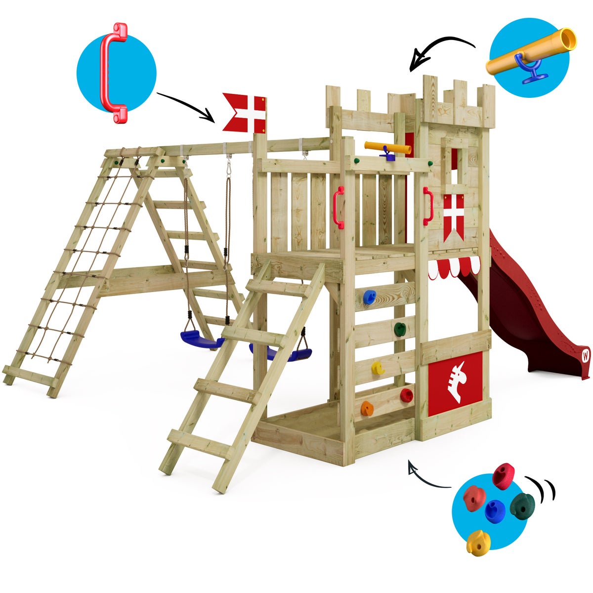 WICKEY DragonFlyer Castle Speeltoren met Schommel en Glijbaan, Speelhuis met Zandbak, Klimladder en Speelaccessoires - Rood