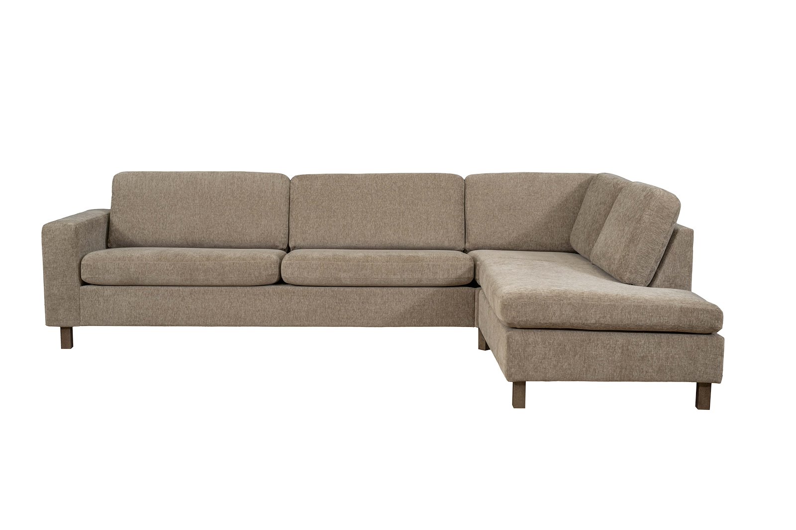 Ellinor hjørnesofa Oppsett SH. 3,5-seter med åpen ende høyre. Tekstil Paloma 1/24 Brown Grey. Arm 1, Duo puter, Firkantet ben 12 cm Mocca