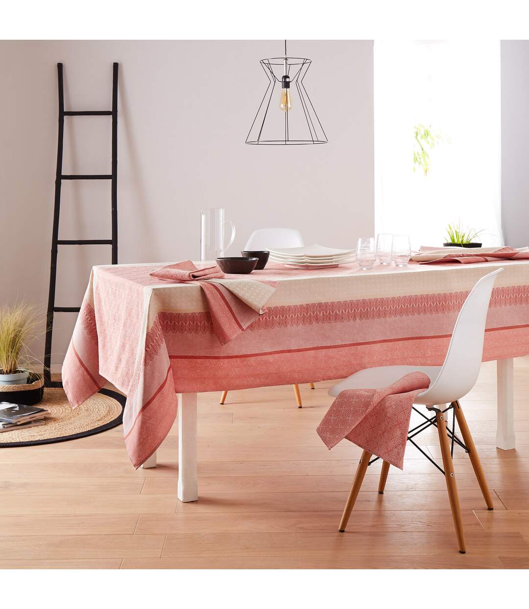 Nappe rectangle 150x350 cm Jacquard coton + CHARLESTON rouge Corail