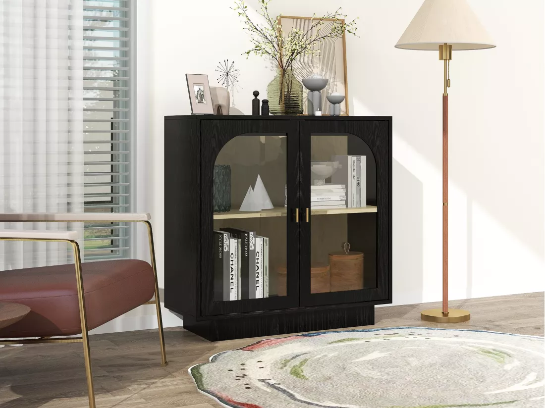 Armoire à double porte noire avec éléments arrondis, 80 cm de long, pour chambre, bureau, salon et autres espaces
