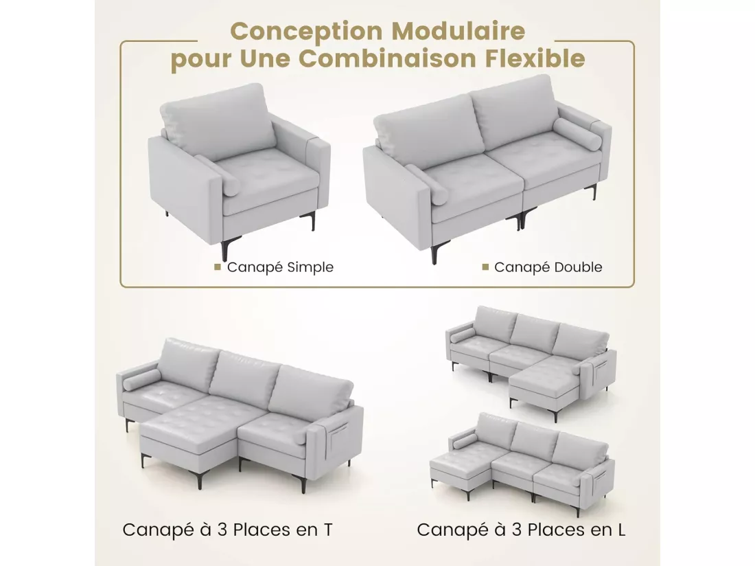 Canapé Convertible à 3 Places, Canapé d'angle en Cuir Aérien avec 2 Ports USB, Gauche ou Droite, 3 Coussins, 2 Traversins, Chaise Longue Moderne pour Salon, Bureau