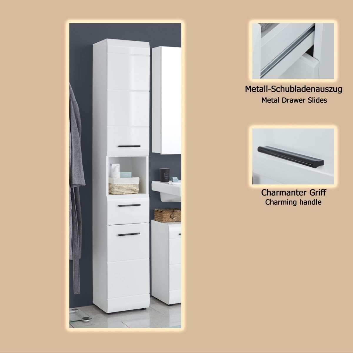 trendteam smart living - Skin - Hochschrank - Weiß/Weiß Hochglanz - 5 Fächer, eine Ablage und eine Schublade - (BxHxT) 30 x 182 x 31 cm - 2 verstellbare Einlegeböden - Kratzfest