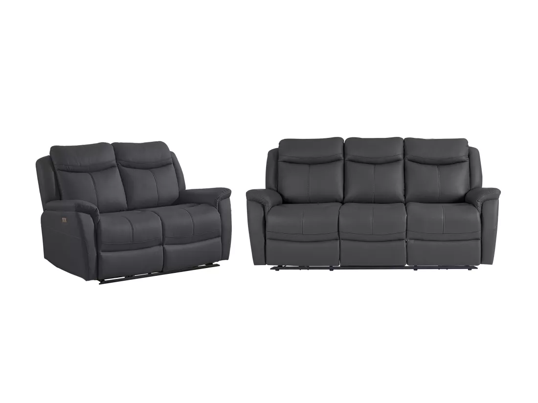 Canapé 3 places et 2 places relax électrique en cuir de vachette gris anthracite NOMAJO