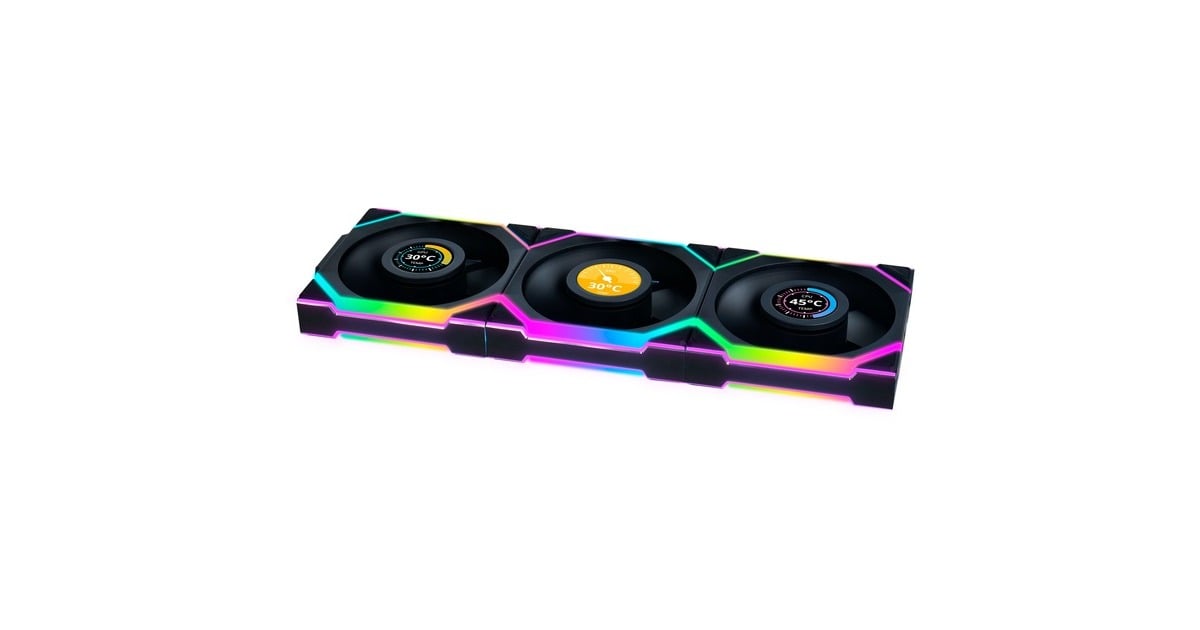Lian LiUNI FAN SL120 LCD Wireless RGB case fans  (Zwart, 3 stuks, 120 x 124.5 x 28 mm, PWM)