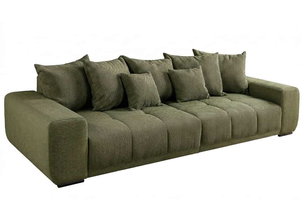 Modernes XXL Sofa ELEGANCIA 285cm grün Cord Federkern inklusive Kissen Bigsofa