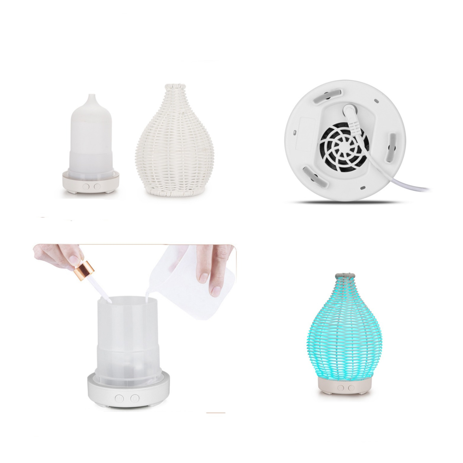 (200ml) USB Luftbefeuchter Aroma Öl Diffuser mit LED Beleuchtung im Rattan Look - Weiss