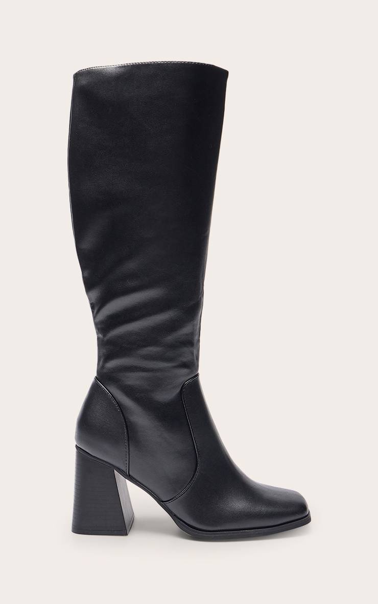 Noir Bottes Hautes Au Genou À Talon Bloc Évasé Et Bout Carré En Synthétiquecuir