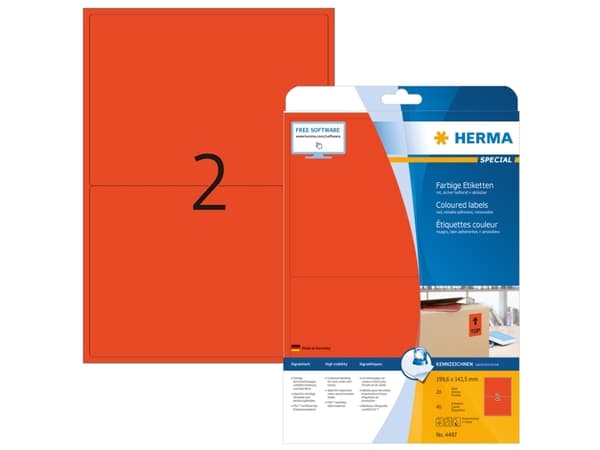 HERMA 4497, Rød, Selvklebende skriveretikett, A4, Papir, Laser/Blekkskriver, Avtagbar