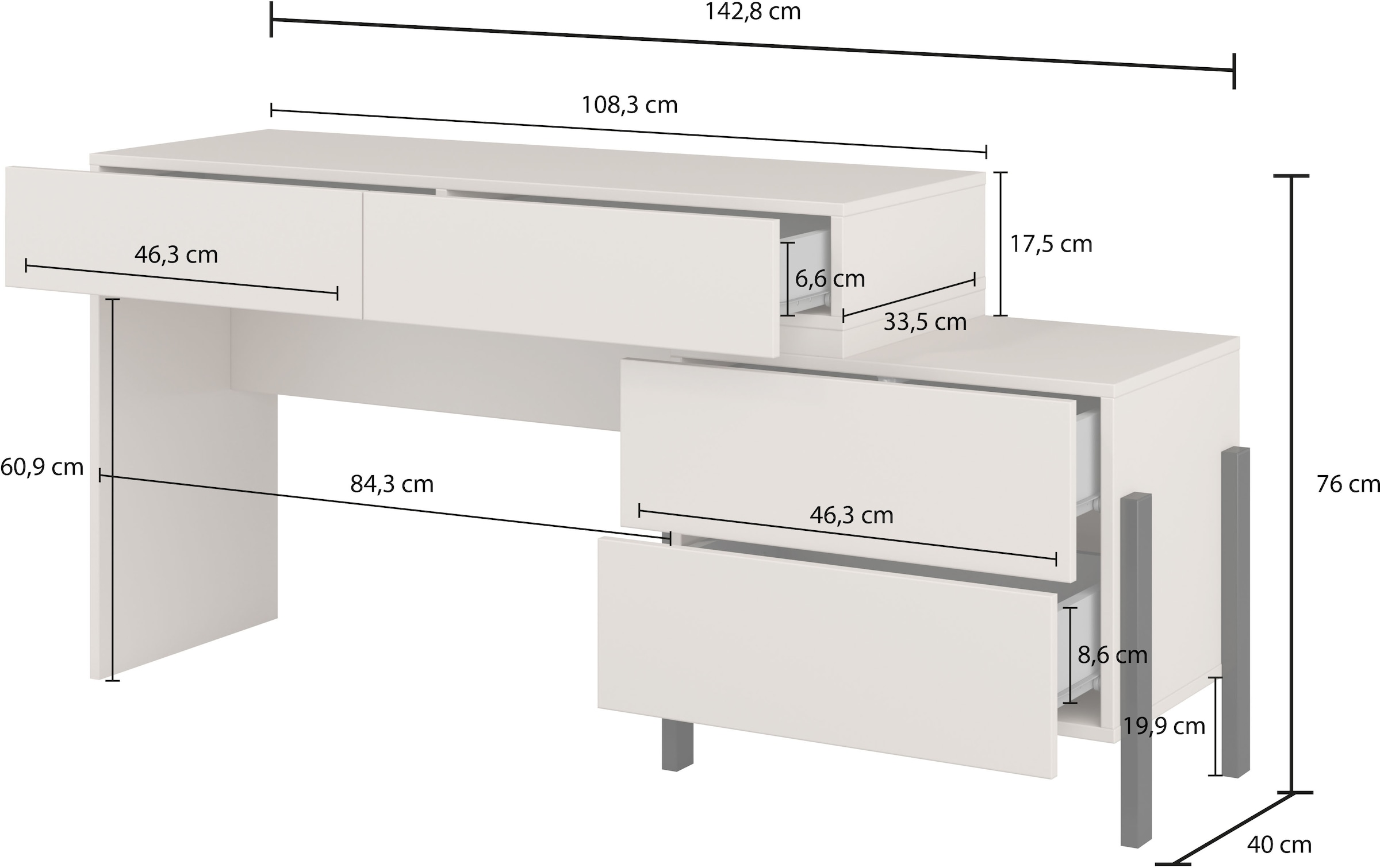 Home affaire Schminktisch »Jukon, Breite 143 cm, moderner Schminktisch« ohne Spiegel,  Schminktisch, grifflos mit 4 SK