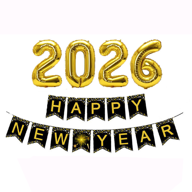 (28-tlg. Set) Happy New Year Girlande 2026 Silvester Party Dekoration   Folien Ballons / Latex Luftballons / Quasten Girlande - Gold / Schwarz