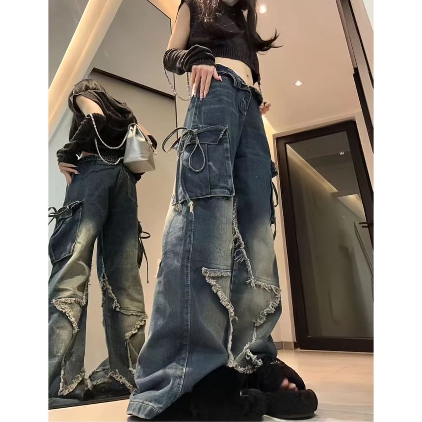 Jerolenea - Losse cargojeans met lage taille en franjes