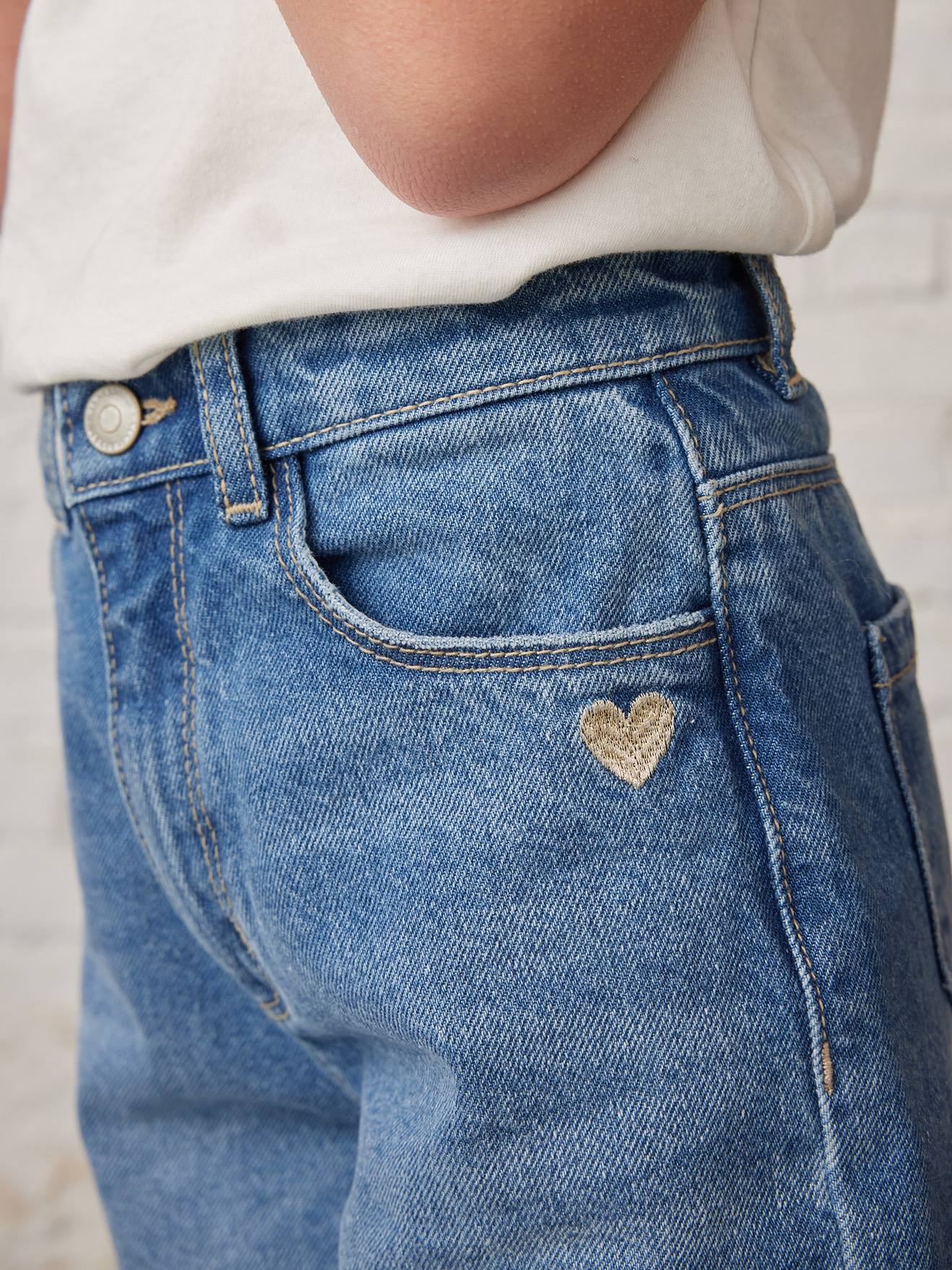 Calça jeans de perna larga com barra desfiada para meninas, jeans azul