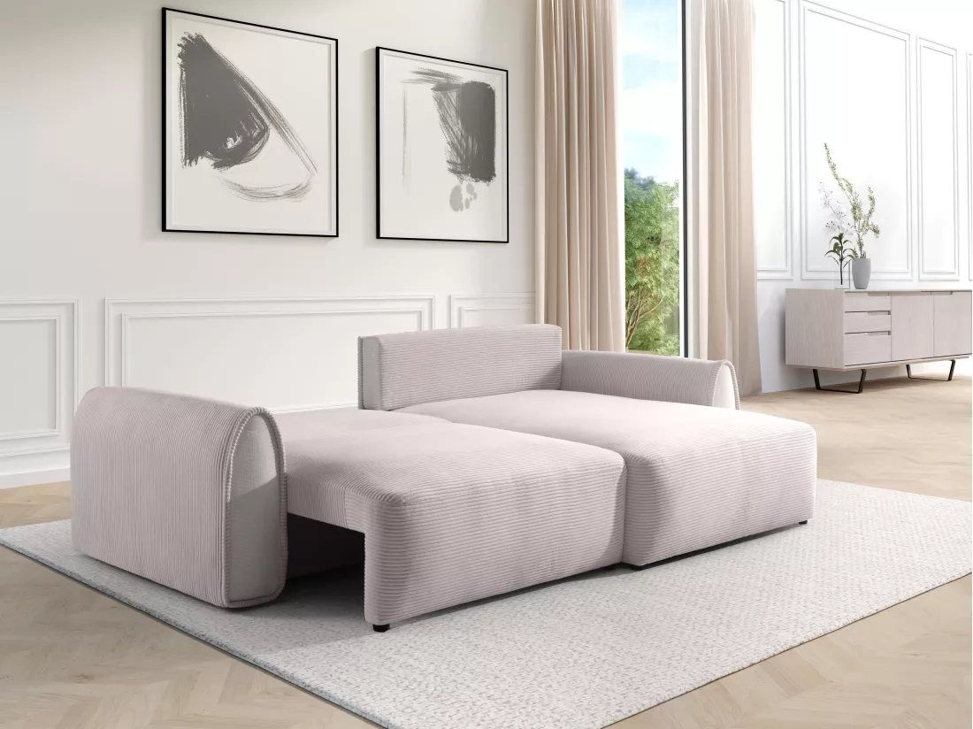 Canapé d'angle convertible et réversible en velours côtelé gris clair RISTANO