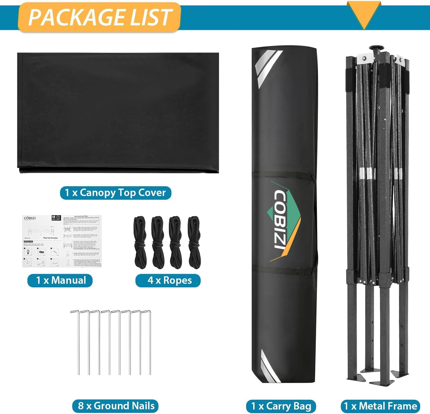 COBIZI Faltpavillon 2x2 Wasserdicht Stabil Winterfest ohne Seitenwand,Pop Up Pavillon Partyzelt,Sonnenschutz Gartenpavillon,Pavillon Faltbar mit Handtasche(2 mal 2m Schwarz)