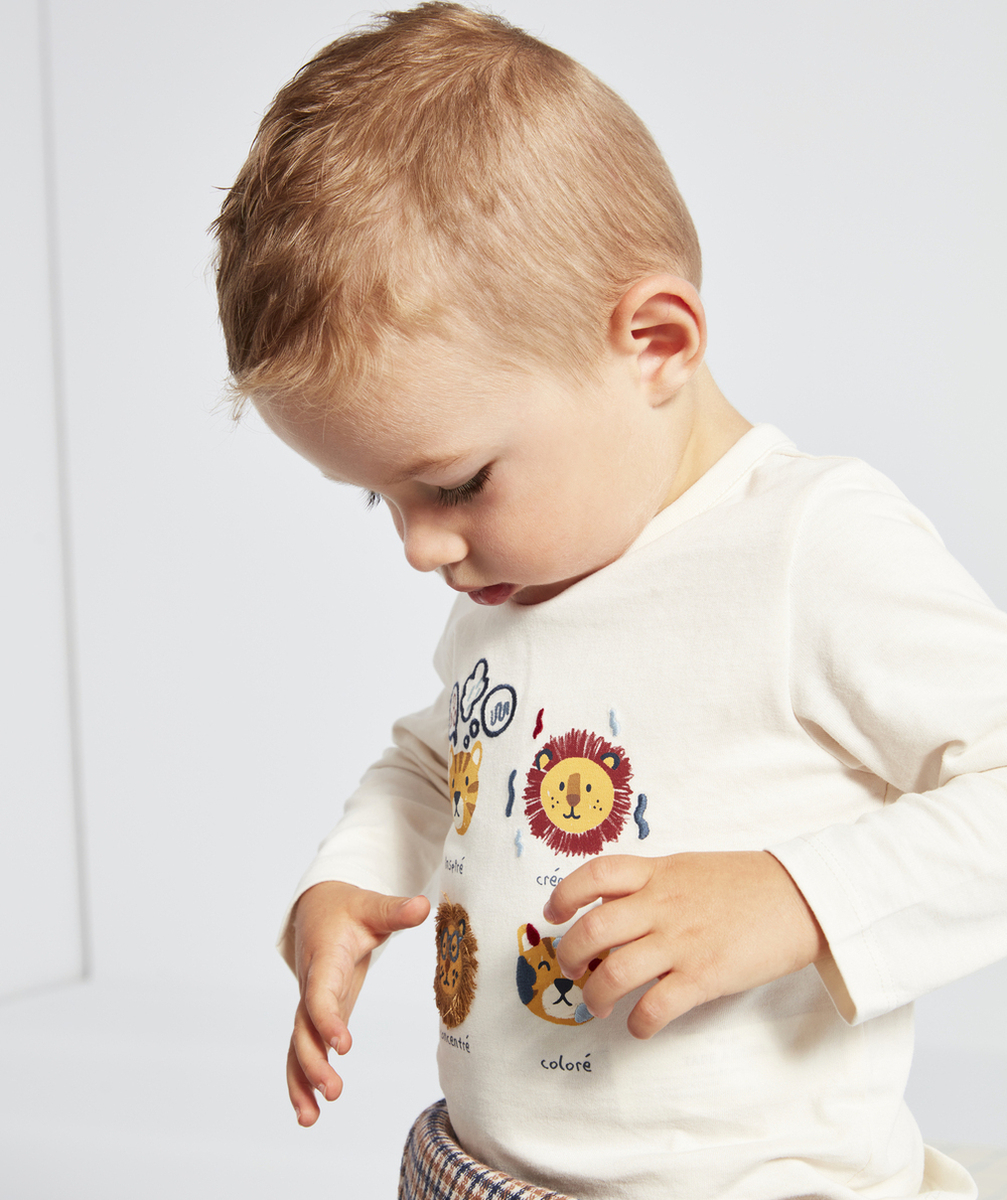 T-SHIRT BÉBÉ GARÇON EN COTON BIO ÉCRU AVEC TIGRES ET MESSAGES