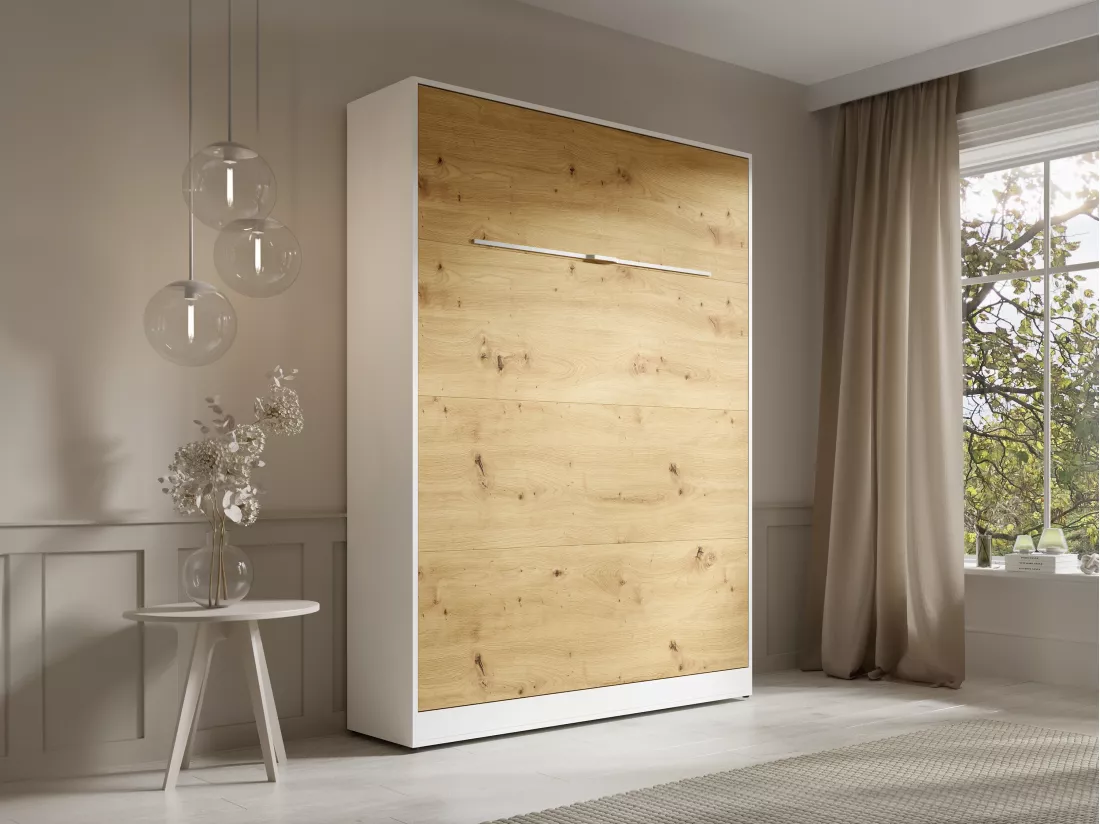 Lit escamotable 140 x 200 cm - Ouverture verticale manuelle - Avec LEDs - Blanc et naturel + Matelas - RAPILI