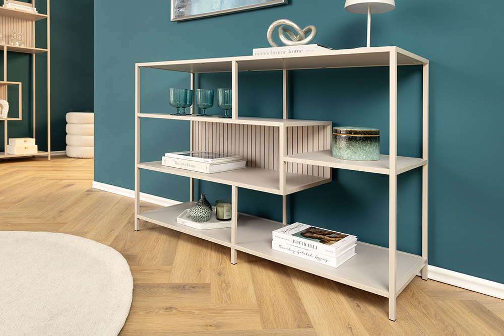 Modernes Bücherregal SLIM LINE 115cm champagner beige Metallgestell fünf Regalböden