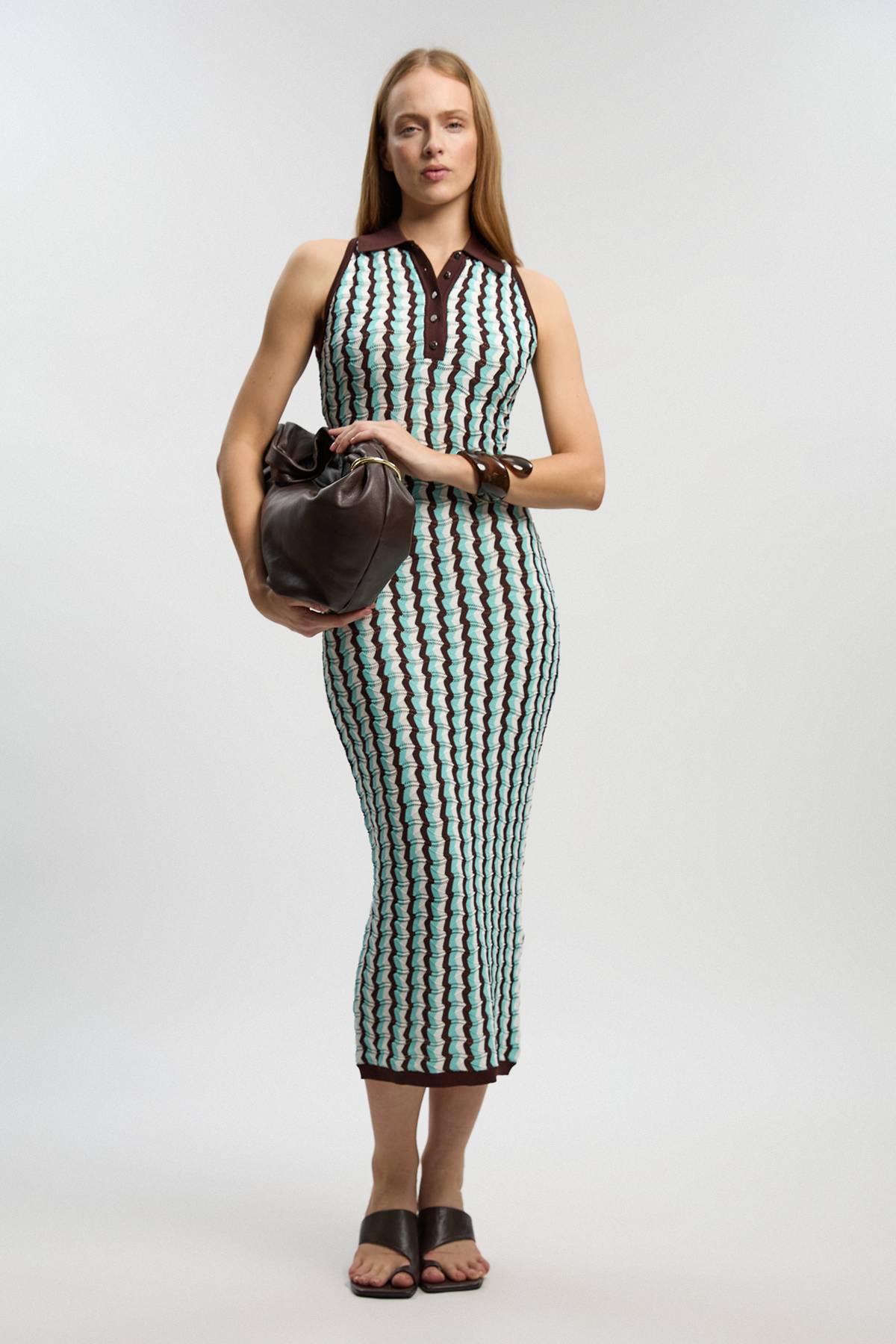 KarenMillen Robe Midi Sans Manches En Maille Pointelle À Col Contrastant
