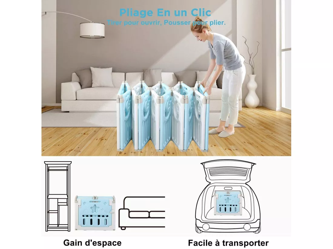 Parc Bébé 16 Panneaux,Barrière de Sécurité Portail Parc XL,Grille de Protection en Plastiqu Ecologiques avec Porte,150x185cm,Bleu