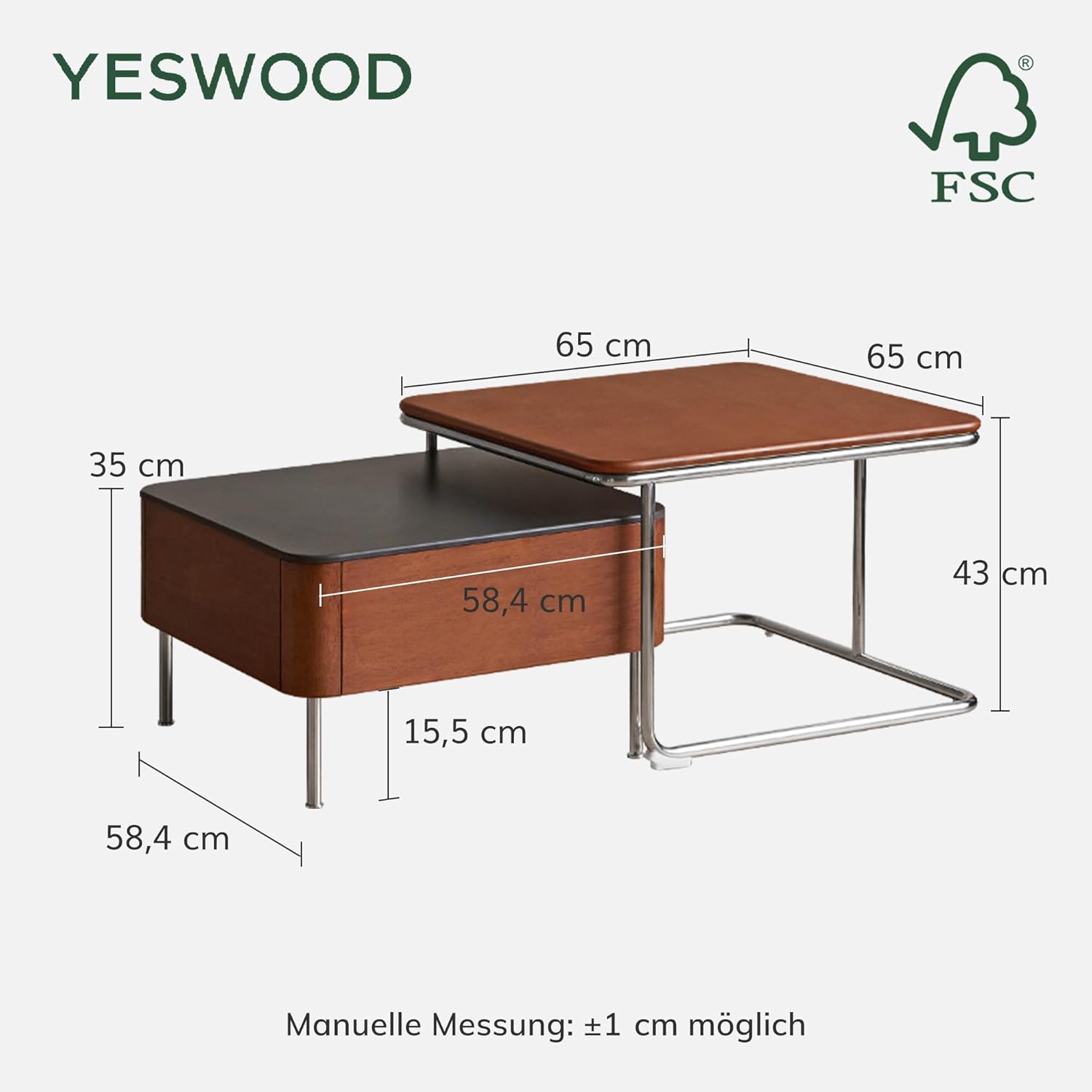 YESWOOD Massivholz Couchtisch 2 Set mit großem Stauraum, quadratischer Beistelltisch 2er Set, Kombinierbar, im Bauhaus-Stil, Tischplatte aus Keramik, für Wohnzimmer, Gummiholz in Teakholzfarbe