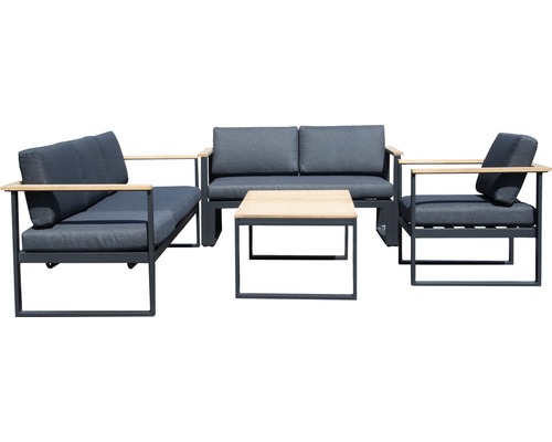 Garden Place Cleo aluminium-houten tuinmeubelset, 6-zits, bestaande uit: 2 banken, fauteuil, tafel inclusief kussens, aluminium antraciet, hout