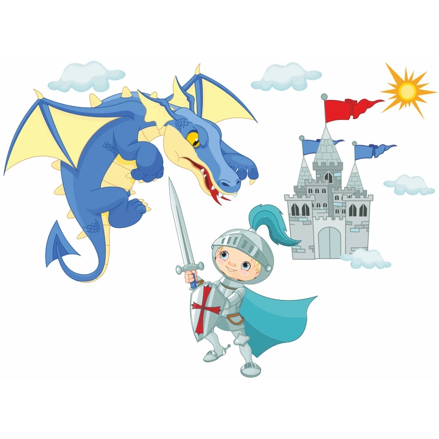 Nikima Wandtattoo 041 Wandtattoo Ritter mit Drache und Burg blau