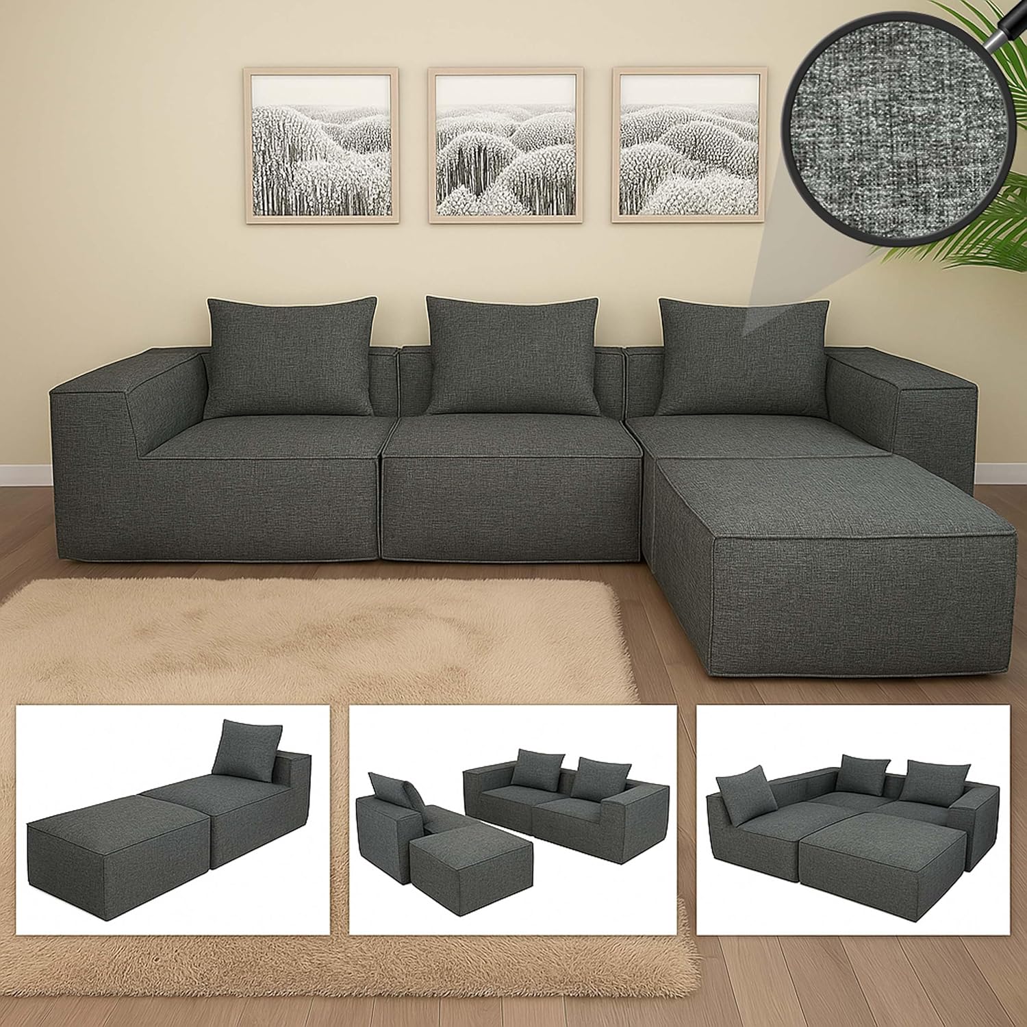 Mendler L-Sofa HWC-O54, Lounge-Couch mit Ottomane, erweiterbar modular rechts/Links, Stoff/Textil 63x270x190cm - dunkelgrau