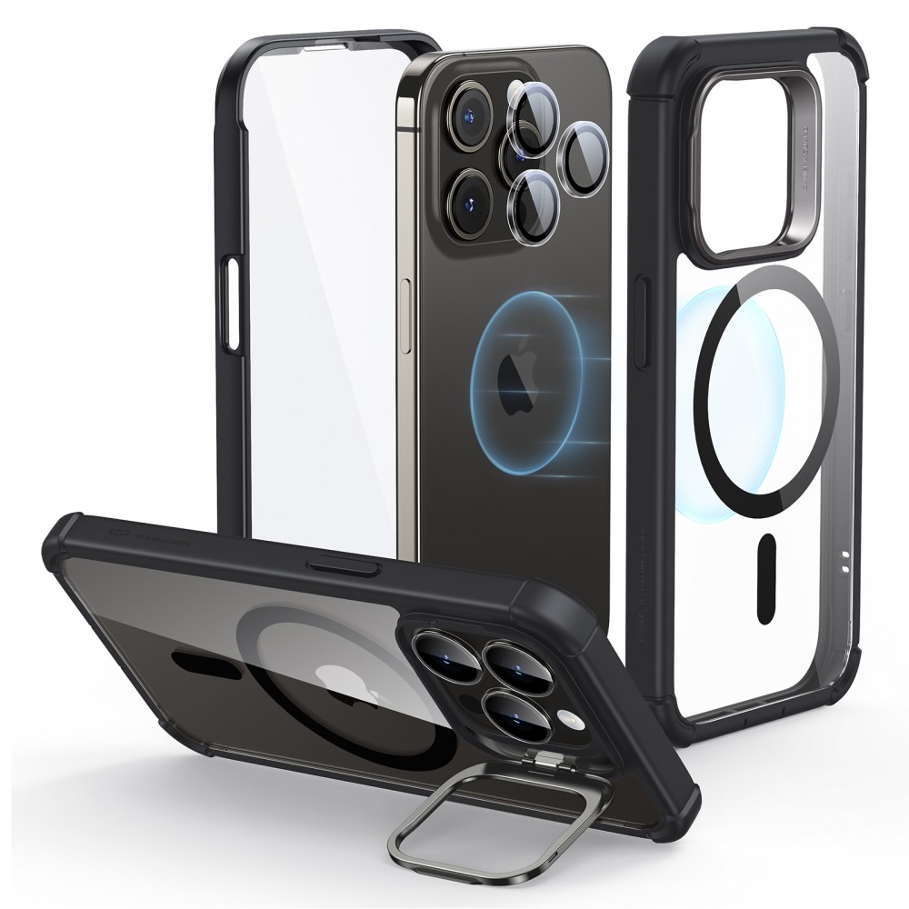 iPhone 15 Pro Max Magnetic Series Full Protective MagSafe Hülle mit Displayschutz   Kickstand - Schwarz / Transparent