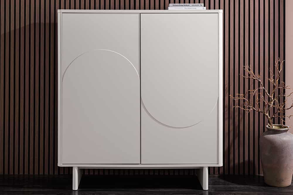 Design Highboard SAVOY 130cm kaschmir weiß Marmor Keramik mit Stauraum und 3D-Front