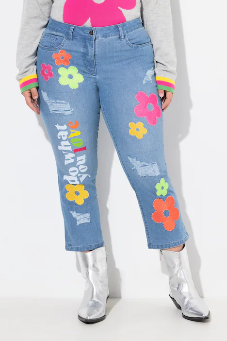 7/8-Jeans, Straight Fit, destroyed, Badges, light blue