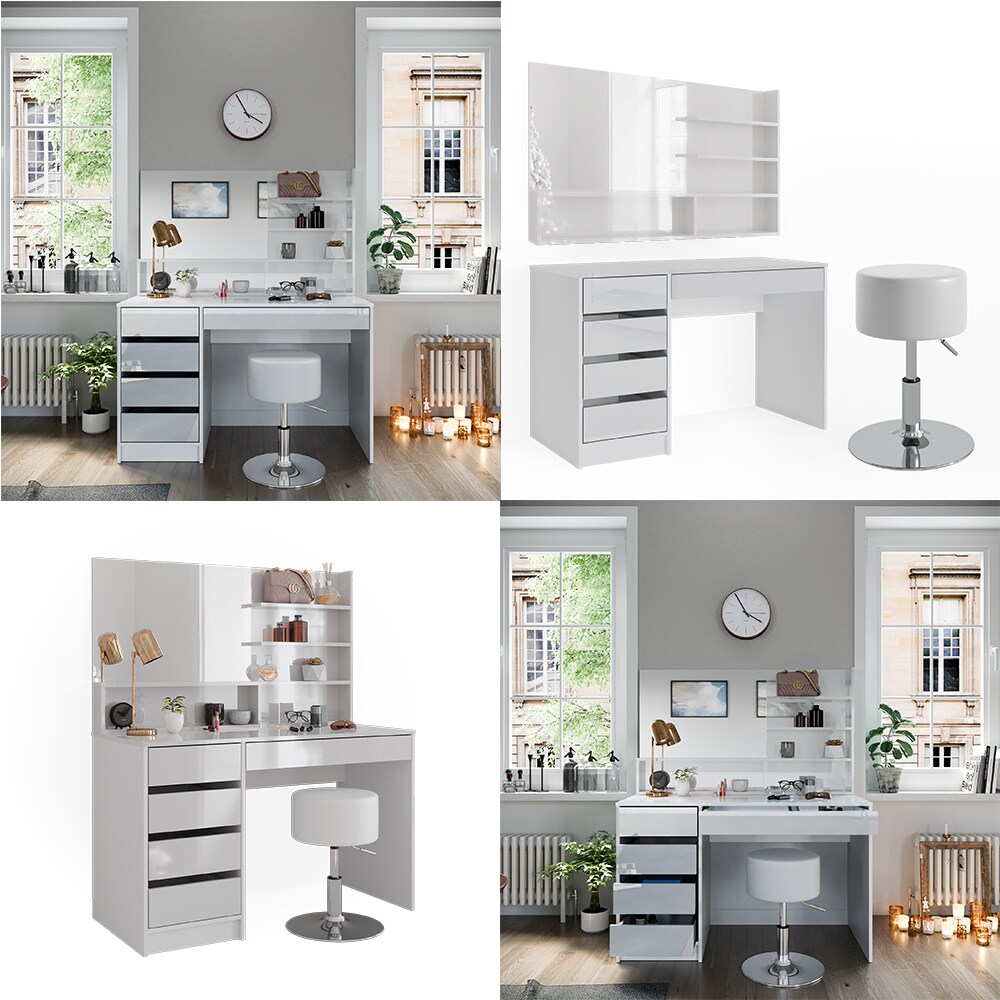 Vicco Schminktisch Sherry Weiß Hochglanz 120 x 75 cm Spiegel Regal Hocker modern